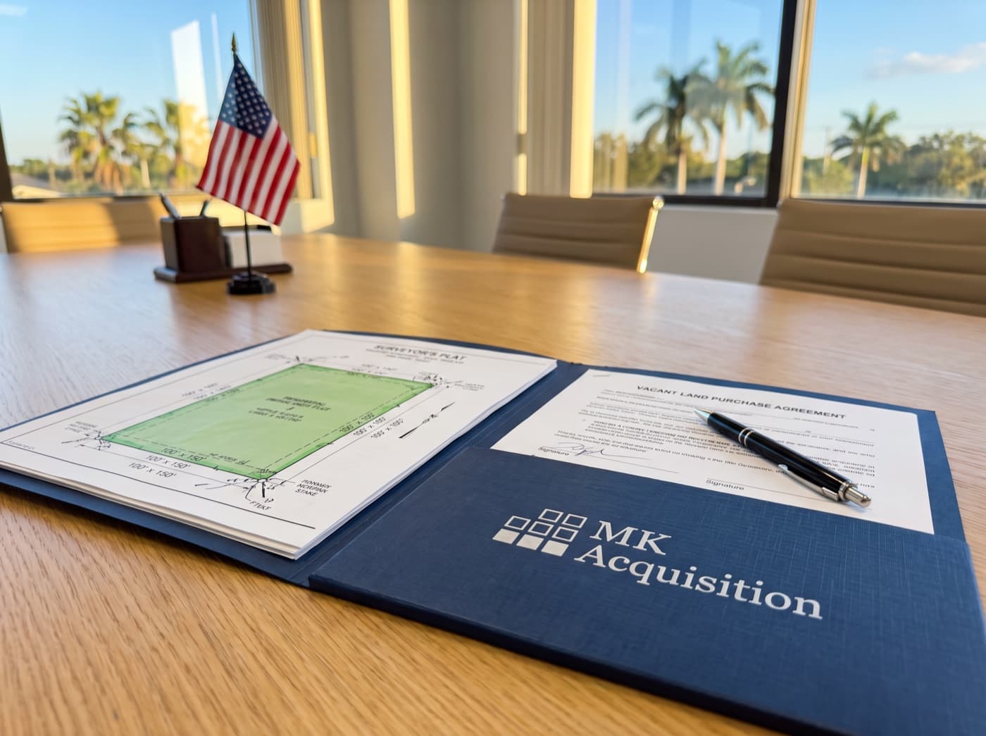 Illustration of a lot survey and a land purchase agreement on a title company's closing table