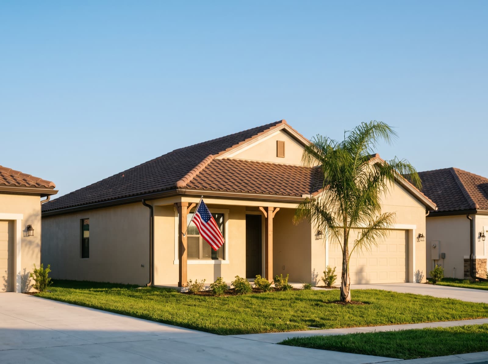 Illustration of a newly built Florida home with an American flag on the porch